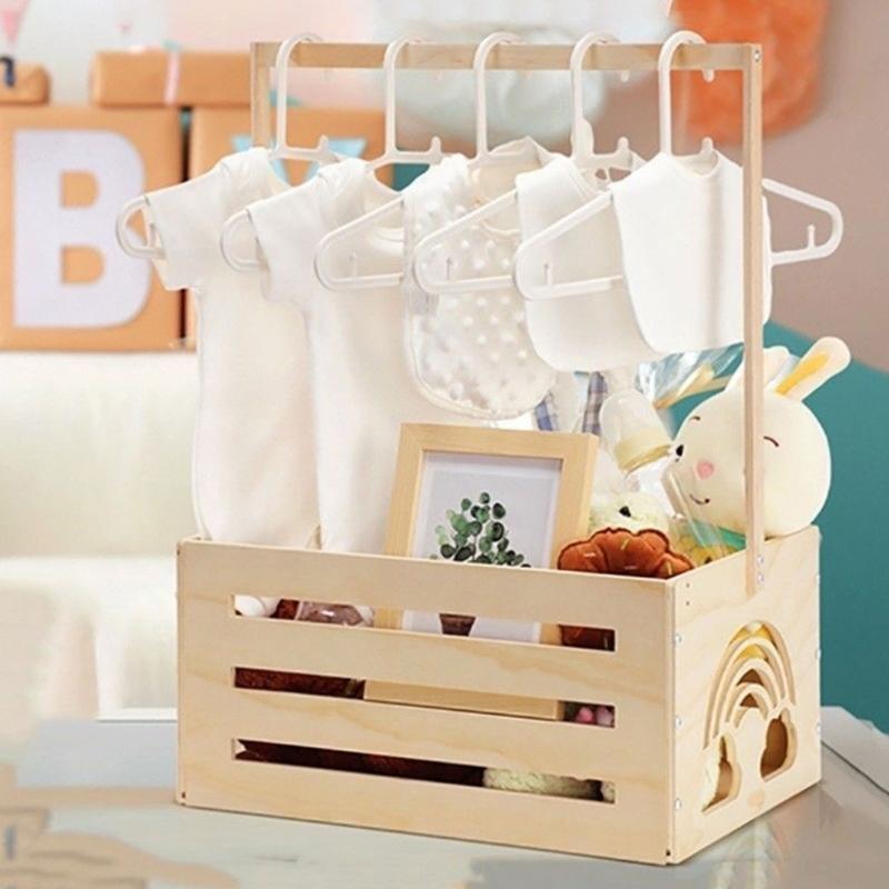 Handmade Baby Showers Wooden Organiser Basket Easy Assembly Wood Toy Storage Crate with Long Handle Christmas Gift