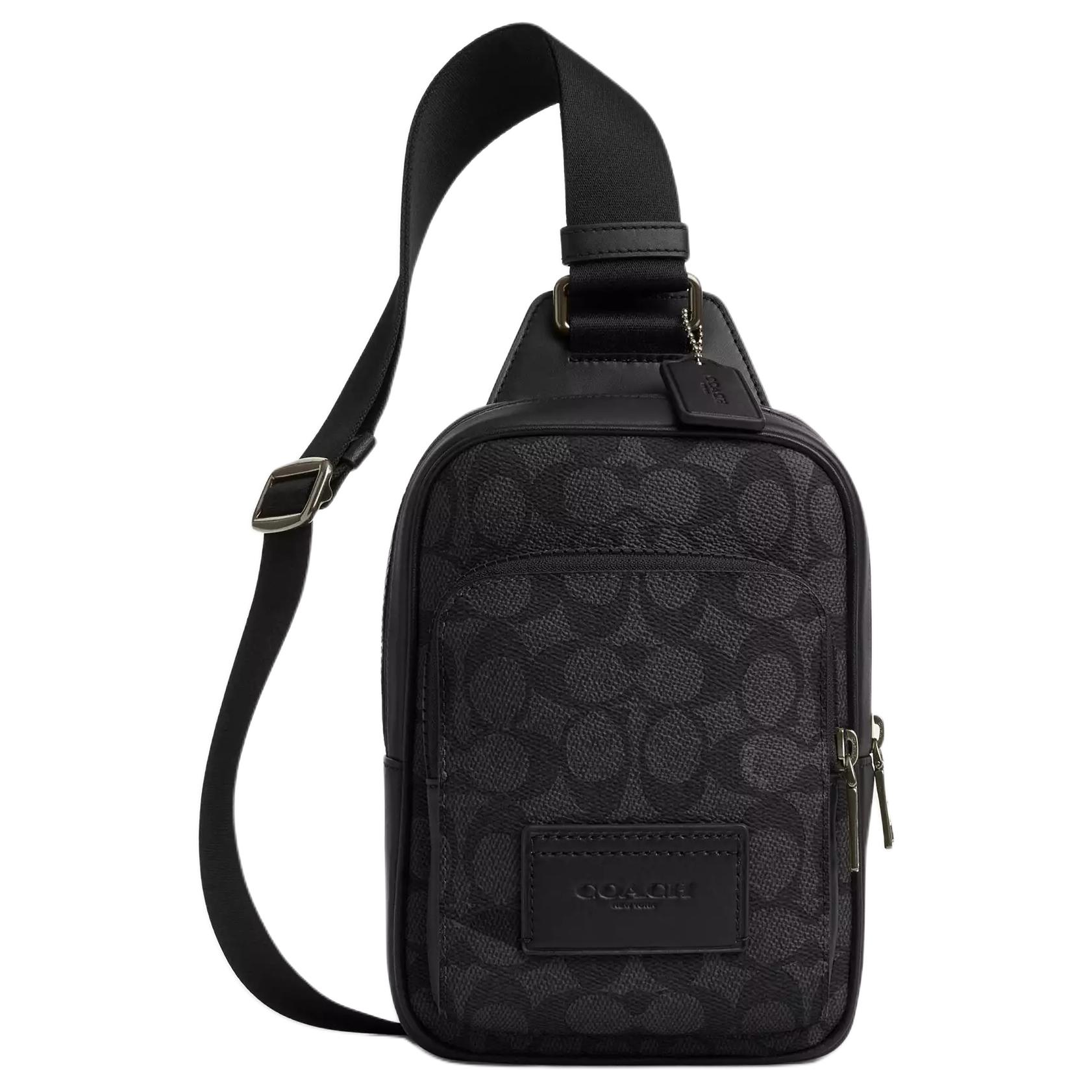 Coach Signature Canvas Sling Bag, Black Pebbled Leather Trim Men s Chest Crossbody Bag, Casual Daily Travel Commute CV763-QBMI5 Basic Set (Bag+Dust Bag)