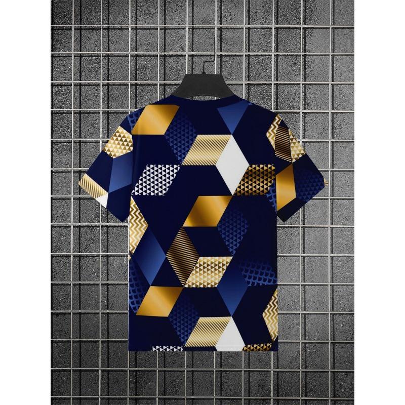 Men's 3D Geometric Cube Printed T-Shirt Casual Short Sleeve Crewneck Top Cool Luxury Gold Blue Diamond Block Pattern Graphic Summer Streetwear Tees