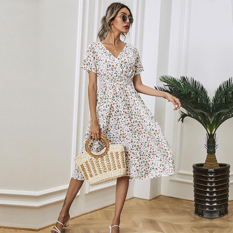 

Лето-осеннее длинное платье с цветочным принтом, женское повседневное облегающее платье с v-образным вырезом и коротким рукавом, высокой талией, S-XL S белый