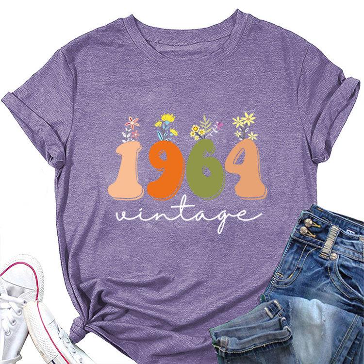 Casual Loose short sleeve Tshirt 1964 vintage printed Summer Ladies O neck fashion top