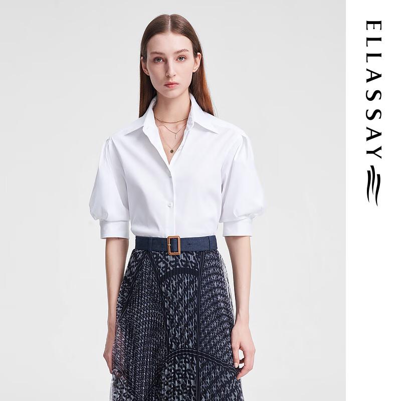 ELLASSAY Women s Pure White French Lantern Sleeve Short-Sleeve Shirt M