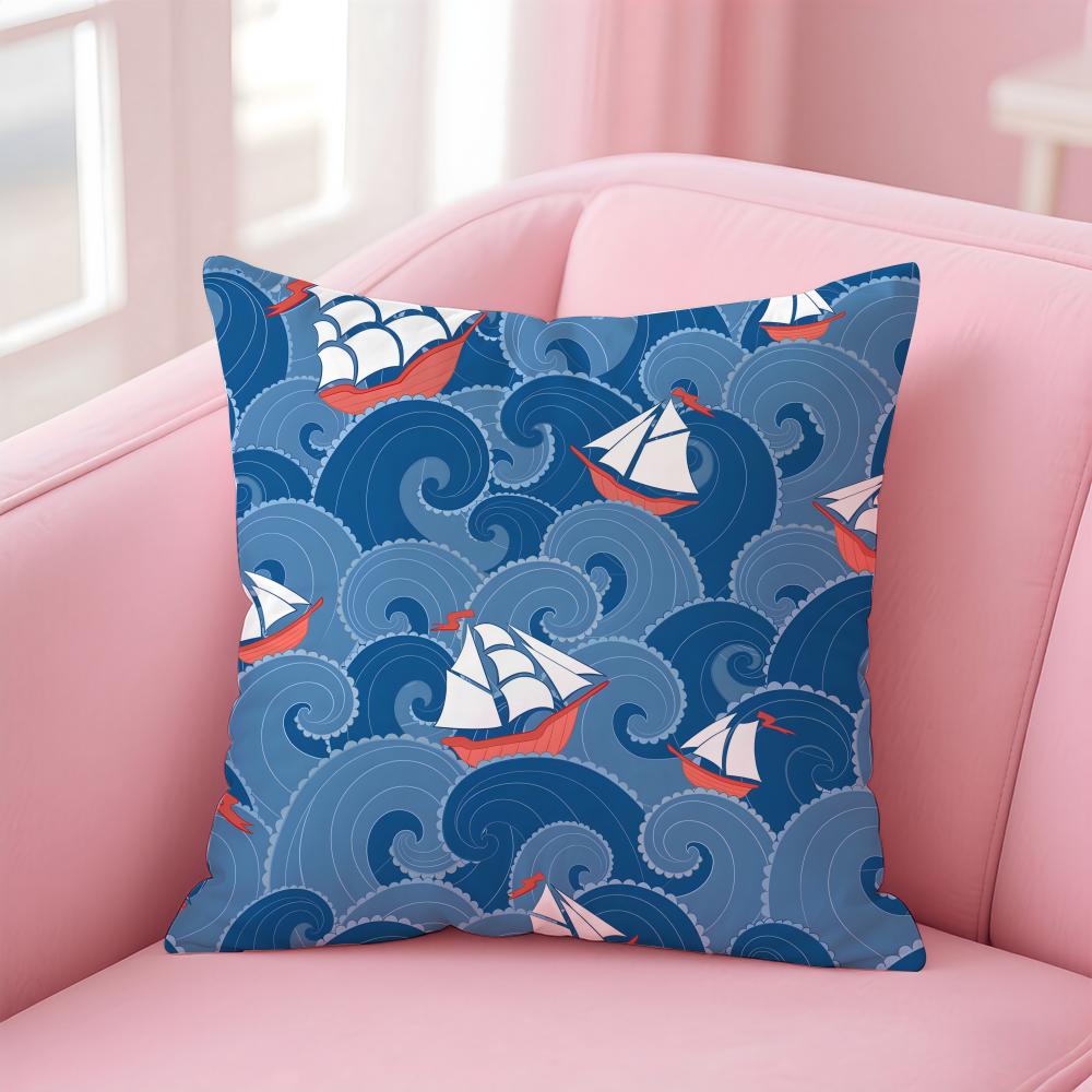 Casual Blue Maritimethemed Pattern Cushion Cover Pillowcase Short Plush Invisible Zipper Room Sofa Cushion Cover