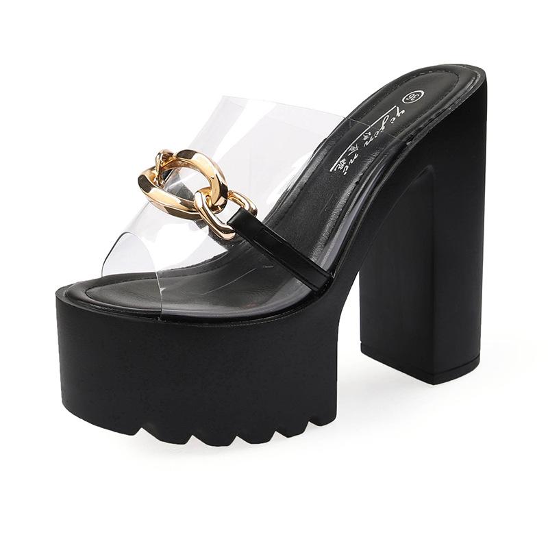 

14cm Waterproof Platform Chunky Heel Thong Sandals for Women - Transparent Rubber Thick Sole Nightclub Fashion High Heel Shoes 34 чёрный