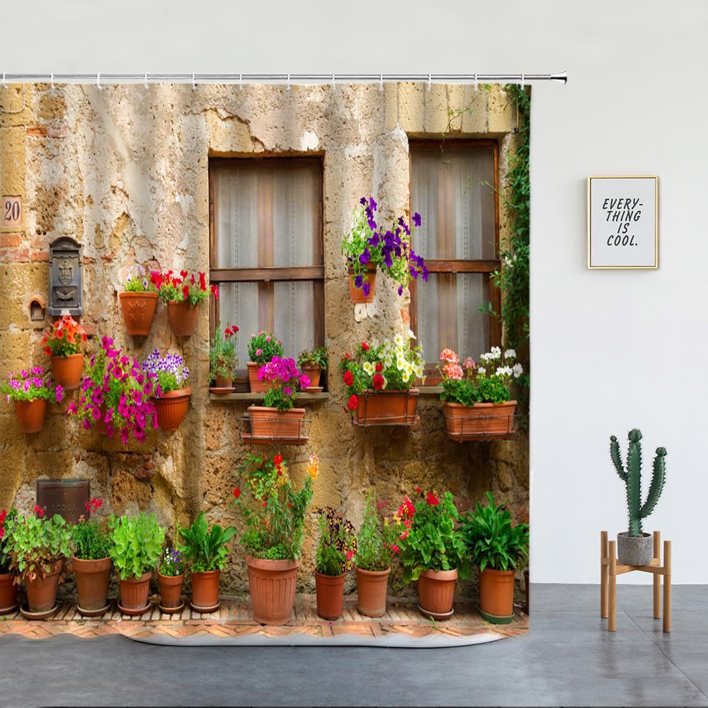 Landschaft Straße Blume Duschvorhang Retro Italienische Altstadt Architektur Floral Wasserdichtes Tuch Badezimmer Vorhänge Dekor Haken