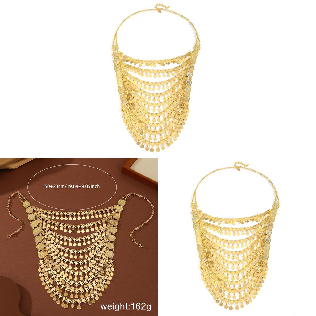 Halsband med mynthänge i guldlegering och flerskiktade tofsar för kvinnor sommar