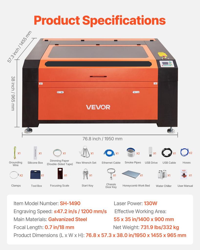 130W CO2 Laser Engraver, 1400 X 900 Mm, CO2 Laser Engraver Cutter Machine with Water Chiller, 2 Way Pass Air Assist, 1200 Mm/s Speed, Autofocus