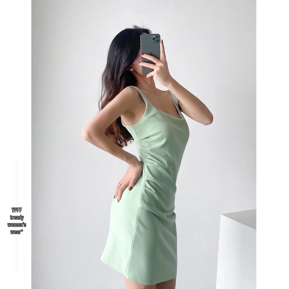 Women's Solid Color Square Neck Sleeveless Pleated Bodycon Summer Dress