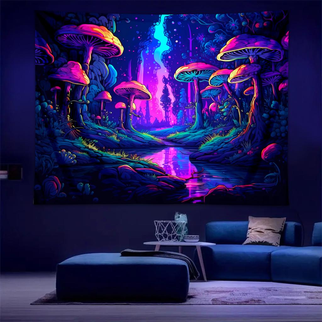1pc UV reactive mushroom tapestry, neon effect black light tapestry, fantasy landscape mushroom forest fluorescent tapestry