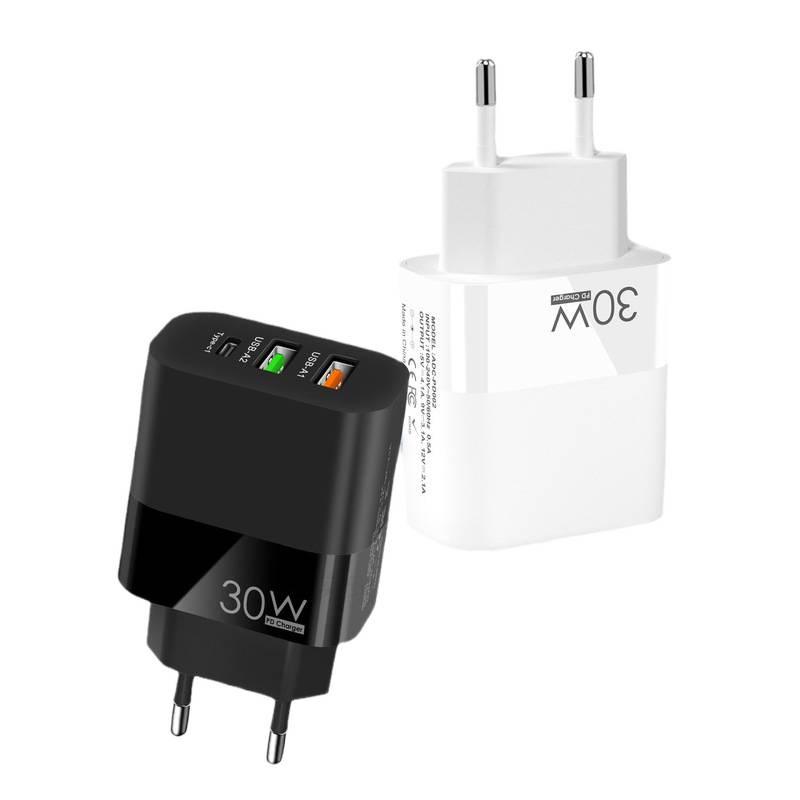 30W PD20W + QC3.0 Mobile Charger: 1 Type-C & 2 USB Ports, Fast Charging, EU/US/UK Compatible