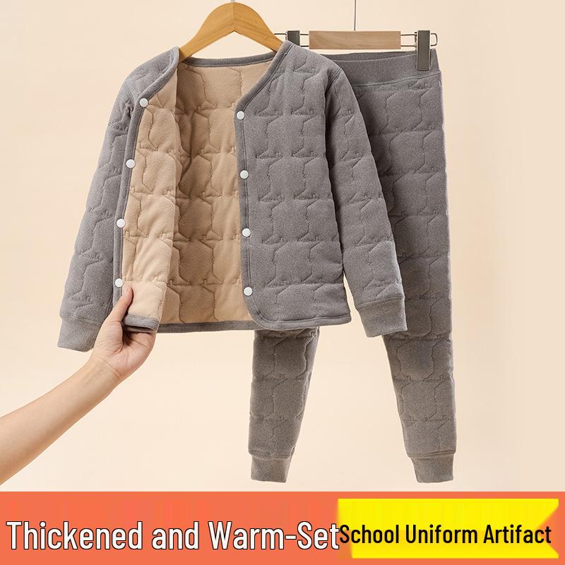 Winter Kids' Fleece-lined Cotton Jacket & Pants Set - Warm School Uniform for Boys & Girls