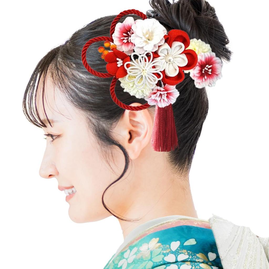 Hair Ornament Set Furisode Ceremony Tsumami Work Red Crepe [Kyoto Usagido] 2-piece Coming-of-age Kk-077
