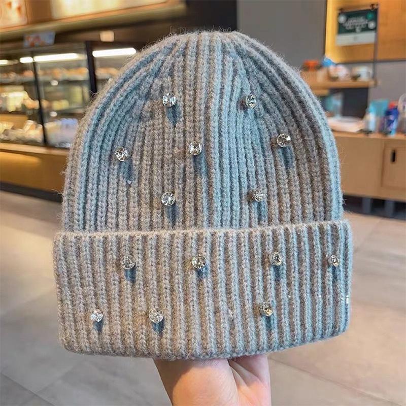 Autumn And Winter Heavy-Duty Pearl Wool Hat Pearl  Knitted Hat Warm Ear Protection