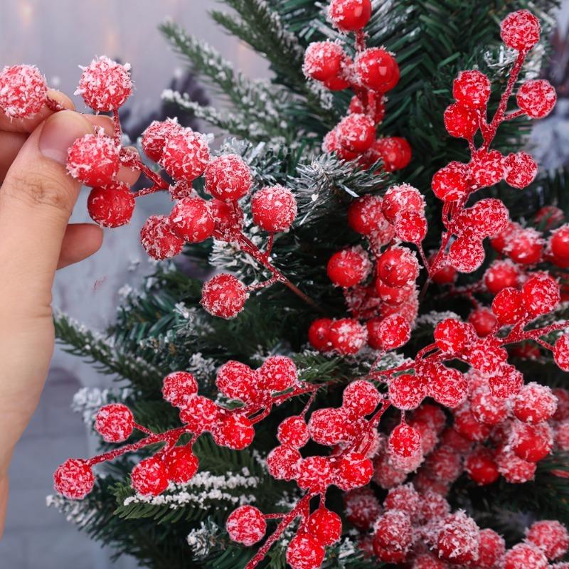 Christmas Snowflake Red Berries Red Fruit Simulation Berry Branches 12 Heads Holly Berry Stems DIY Wreath Xmas Tree Decorations