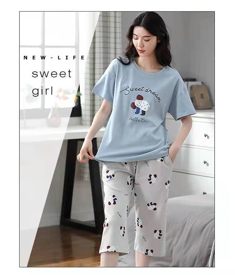 Korean Style Women's Summer Pajama Set – Imitation Cotton, Short Sleeve, Capri Pants, Thin, Cute, Plus Size