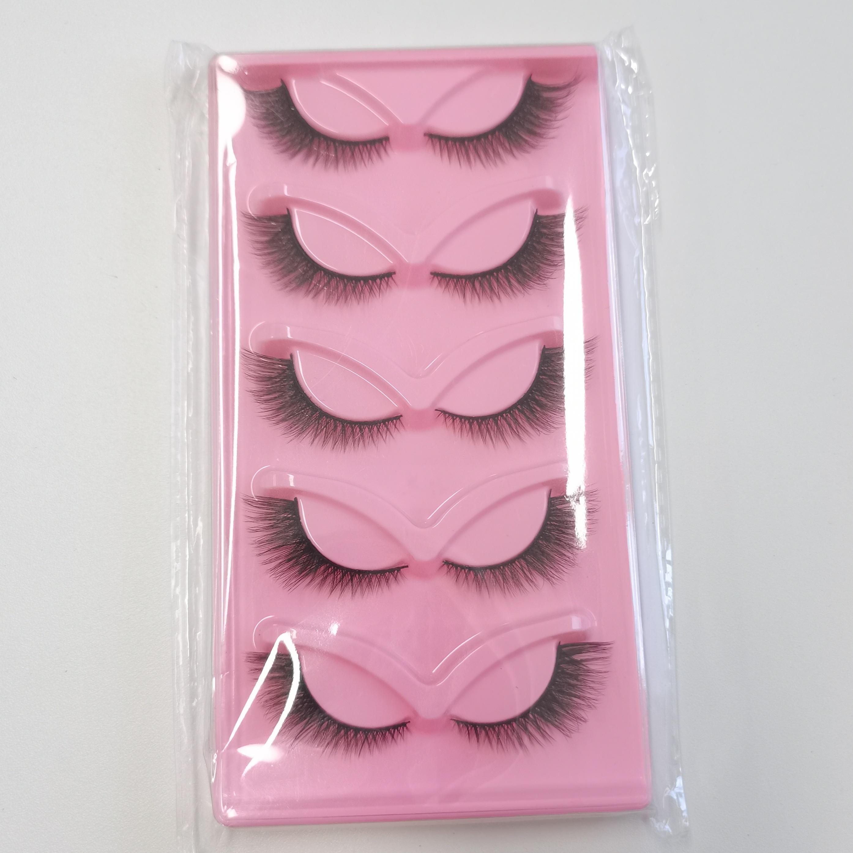 Hot Selling Faux Mink Fox Eye Fake Eyelashes XF 3D Silk Strip Natural Cross Cat Eye Lashes 5 Pairs Packaging Label Box Plastic tray+cover&Natural Long&Mix