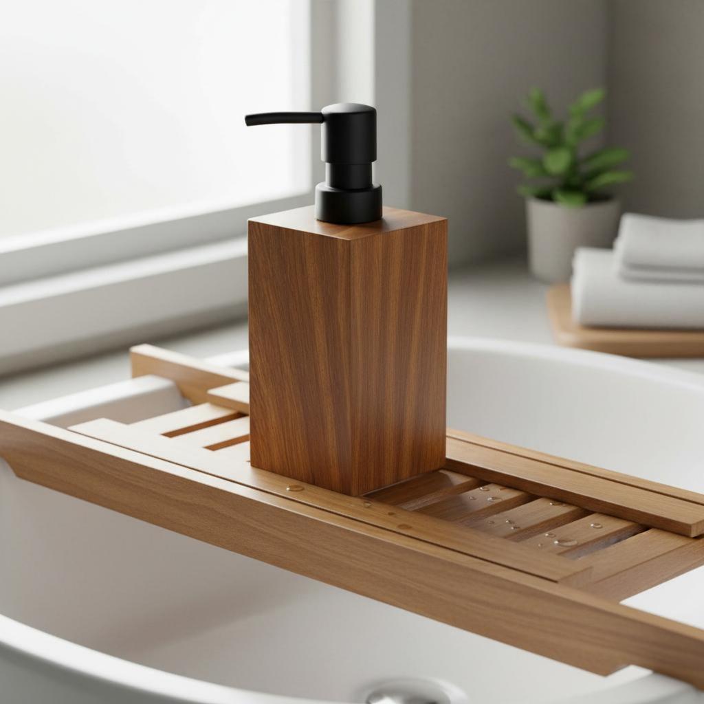 Walnut Texture Pump Bottle Long-Lasting Resin Refillable Shampoo Bottle Square Lotion Dispenser Elegant Design Bathroom