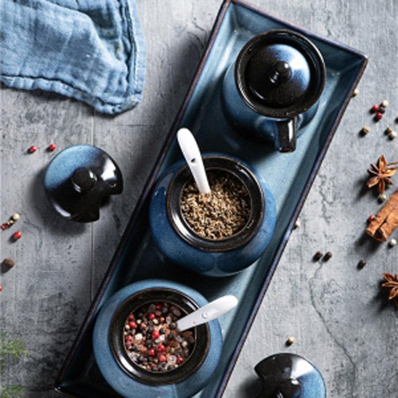 Japanese-style Ceramic Seasoning Pot Household Creative Kitchen Oil Salt Sugar Monosodium Glutamate Condiment Box Oil Pourer