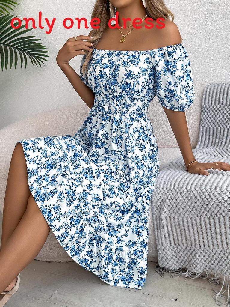 Euro Sommer Florales A-Linien-Kleid mit Rüschensaum für Freizeitkleidung