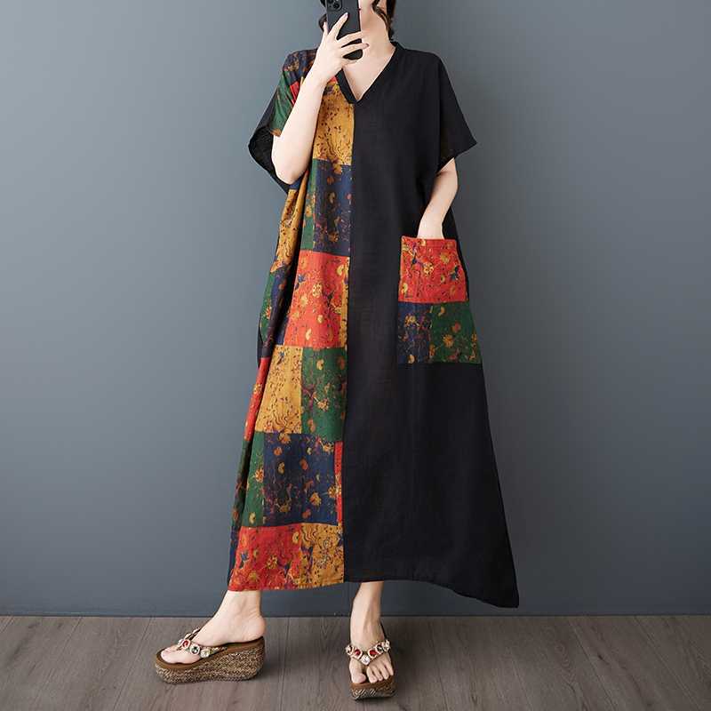 Women's Cotton and Linen Retro Slimming Short Sleeved Color Blocked Dress