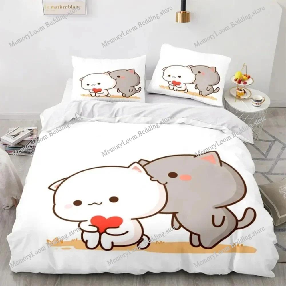 Lovely Peach Cat Cute Bedding Set Cartoon Anime Adult Kid Bedroom Soft Duvet Cover 3D Print Vibrant Kawaii Anime Cozy Set