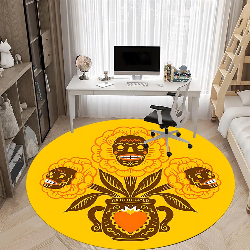1pc Floral Skulls Office Round Area Rug, Mat Suitable For Office, Under Office Chairs Bedroom Living Room Home Decor, Room Deco