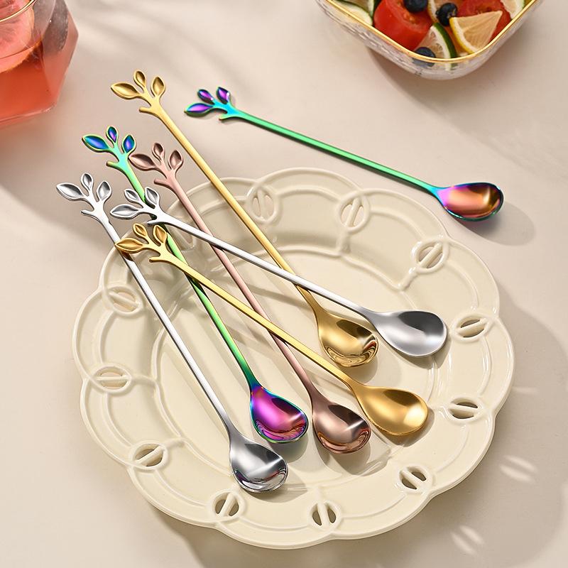 6Pcs Creative Personality Stainless Steel Gold Spoons Tree Leaf Spoon Coffee Spoon Tea Spoon Home Restaurant Dessert Cutlery Set