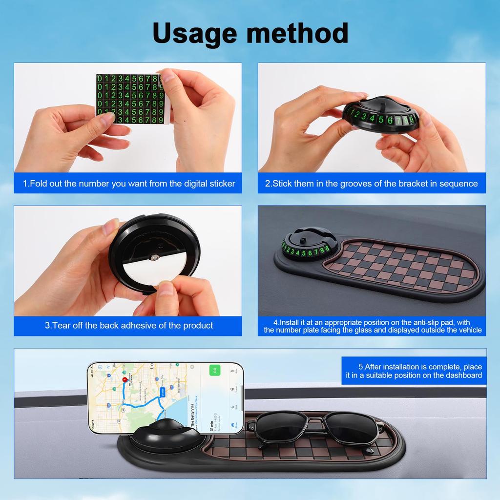 Car Dashboard Anti-Slip Mat with Temporary Parking Number Multifunction with Phone Mount 360-Degree Rotation Car Phone Holder
