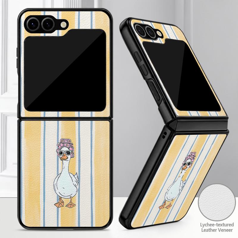 Fashion Striped Duck Heart Case For Samsung Z Flip 8 7 FE 6 5 4 Hybrid Leather Skin Hard PC Bumper Cover For Galaxy Z Flip8 Flip7 Flip6 Flip5