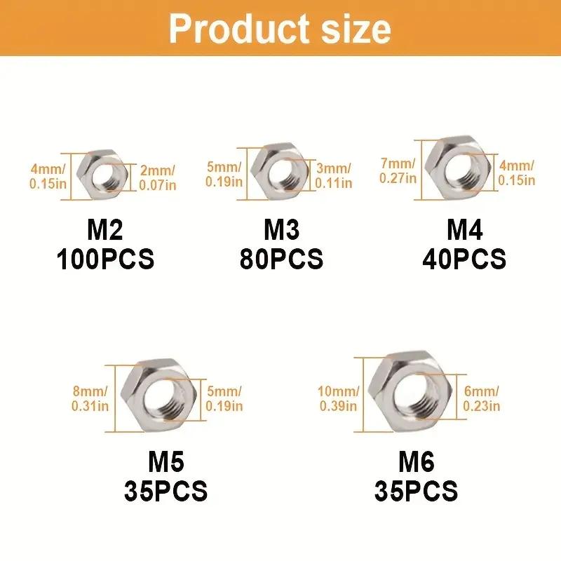 290pcs M2 M3 M4 M5 M6 Nickel-plated Hex Bolt Nut Suitable For Cars, Trucks, Bicycles, Engineering Machinery And Other Areas