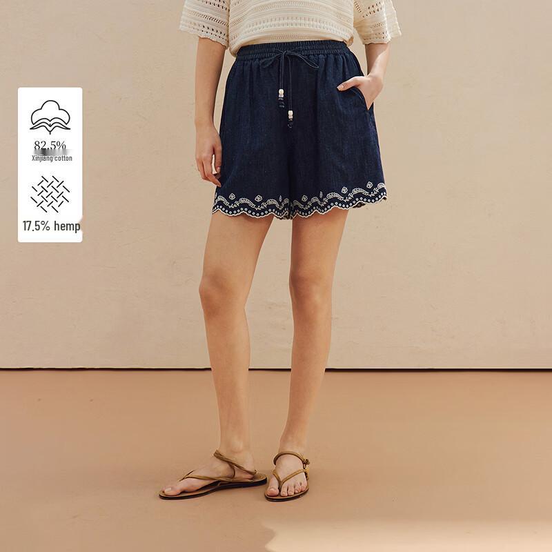 INMAN Women s Hemp Embroidered Denim Shorts S
