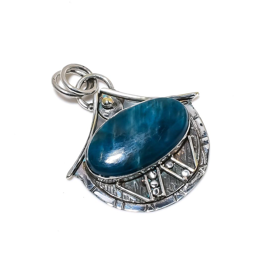 Neonblauer Apatit Edelstein Handgefertigter 925 Sterling Silber Anhänger, Antiker Natürlicher Apatit Anhänger, Damenschmuck, Unisex Anhänger für Sie