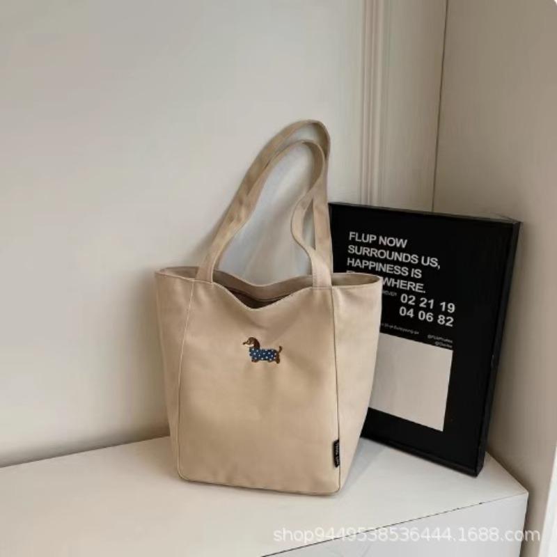 Embroidered Dachshund Canvas Bag Female Large Capacity Student Class Tote Bag Casual Versatile Shoulder Commuter Tote Bag