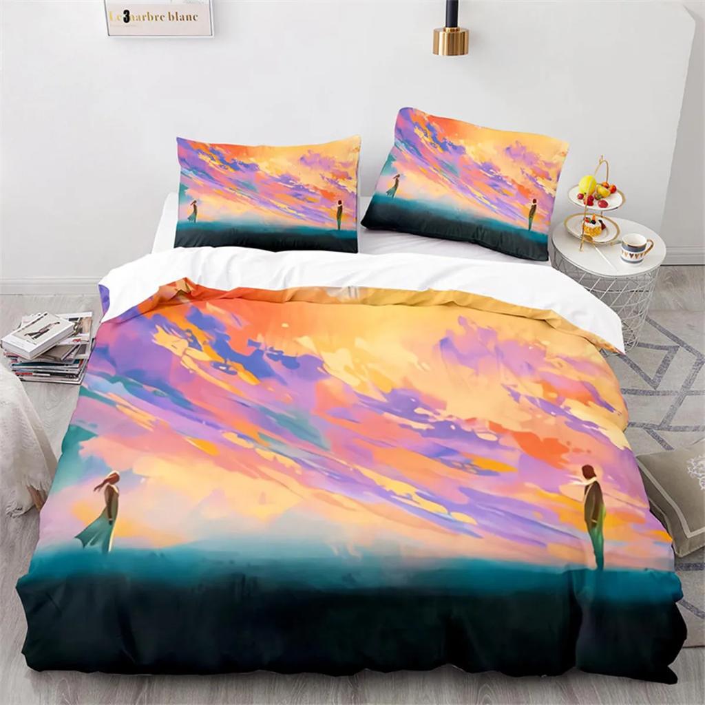 Oil Painting Duvet Cover Abstract Art Print Boat Sunset Animals And Plants Microfiber Landscape Tree Bedroom Decoration Children