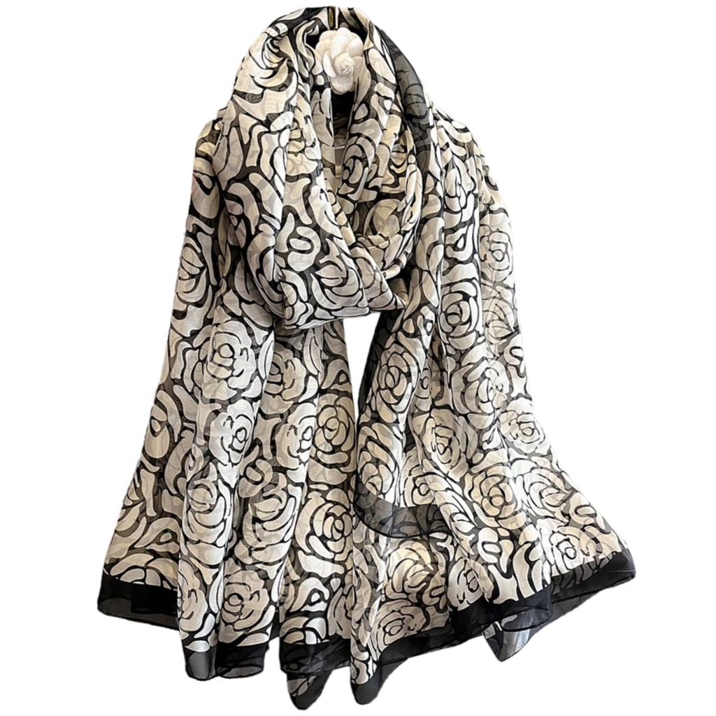 Scarf with a Rose Motif - Black and White, Elegant, Light