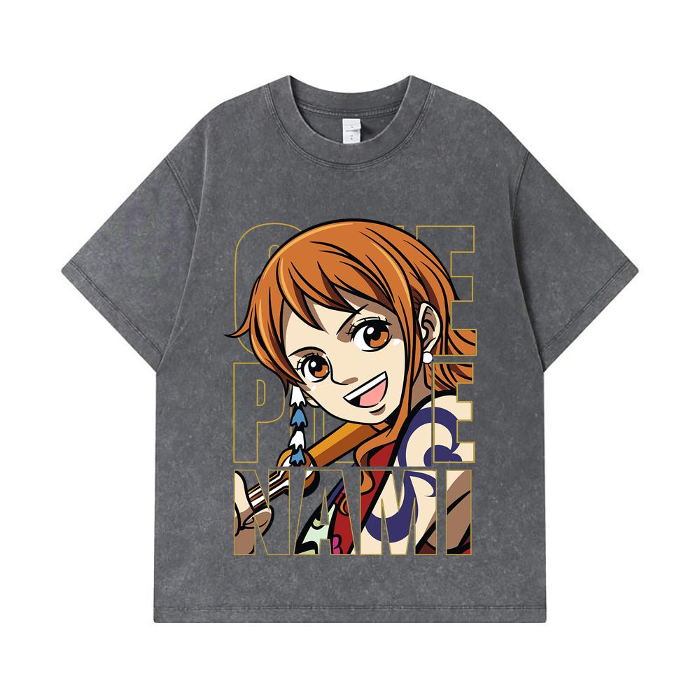 275 GSM Washed T-shirts 100% Cotton One Piece V61 Nami Print Unisex Heavy Cotton T Shirt