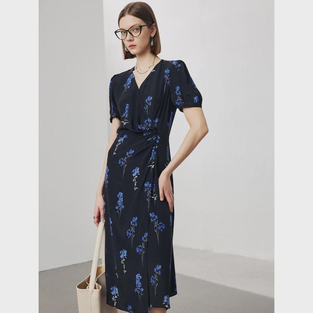 Damen V-Ausschnitt Seidenkleid - Frühjahr/Sommer Kollektion 2025, Kurzärmelig, Gefütterter Doppel-Crepe, 100% Maulbeerseide.