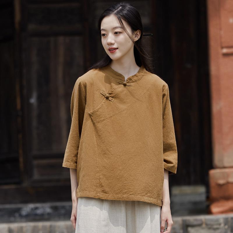 Johnature Damskie bawełniane lniane koszule w stylu vintage topy stoją bluzki z siedmioma rękawami jesienne koszule w stylu vintage w jednolitym kolorze