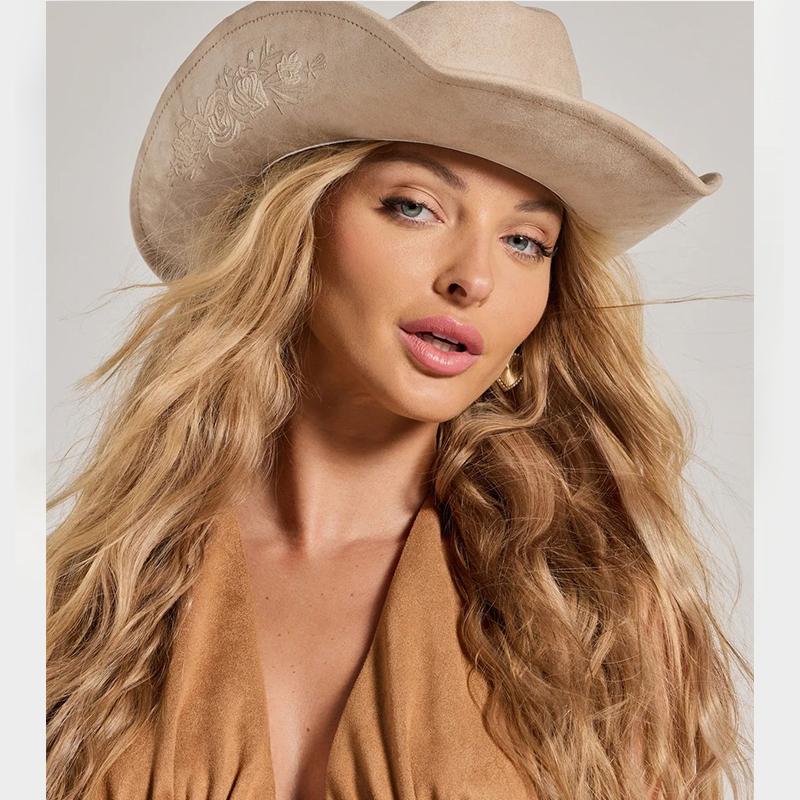 Freedom Outdoors Women's Wide Brim Vegan Suede Cowboy Hat Flat Brim Fedora Hat For Men & Embroidery Stylish Party Hat 2025 New 56-58Cm