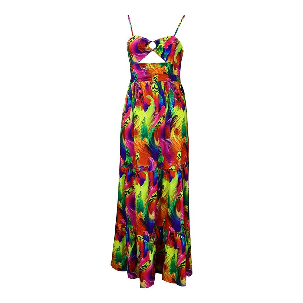 Women's Sexy Spaghetti Strap Colorful Print Maxi Dress, Backless Cut Out High Waist Tiered Beach Vacation Evening Party Gown