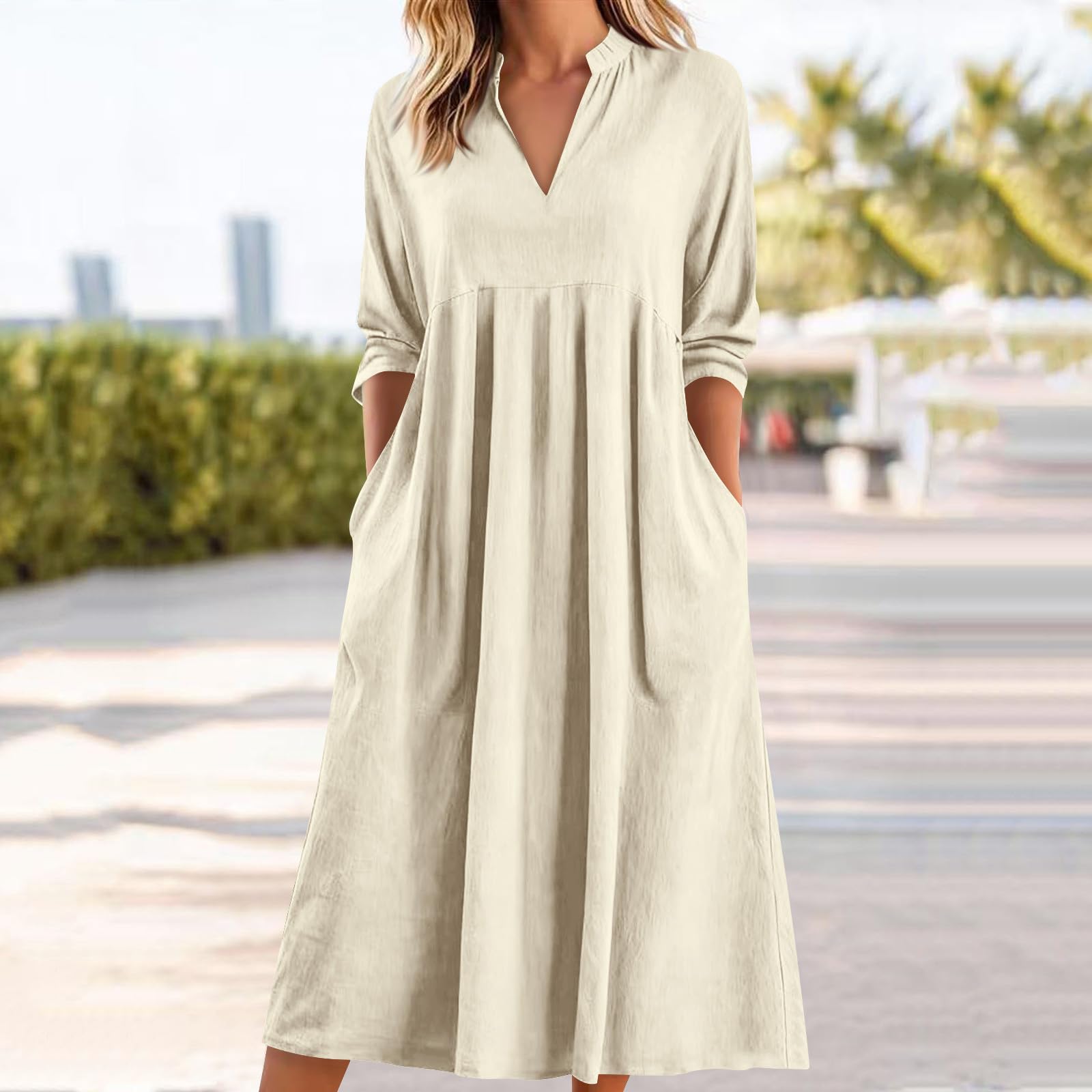 

Women s Fashionable Color V Neck Casual Loose Retro Cotton Linen 3/4Sleeved Pocket Dress XL білий