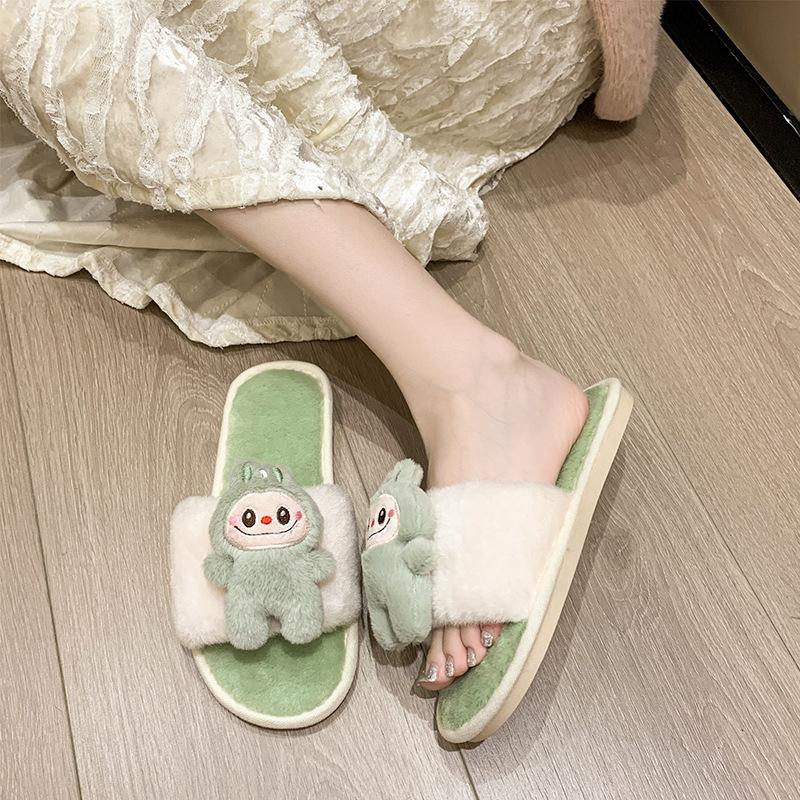 Home Warm Mao Mao Slippers Winter 2025 New Soft Bottom Cartoon Doll Decoration One-Word Cotton Slippers Non-slip