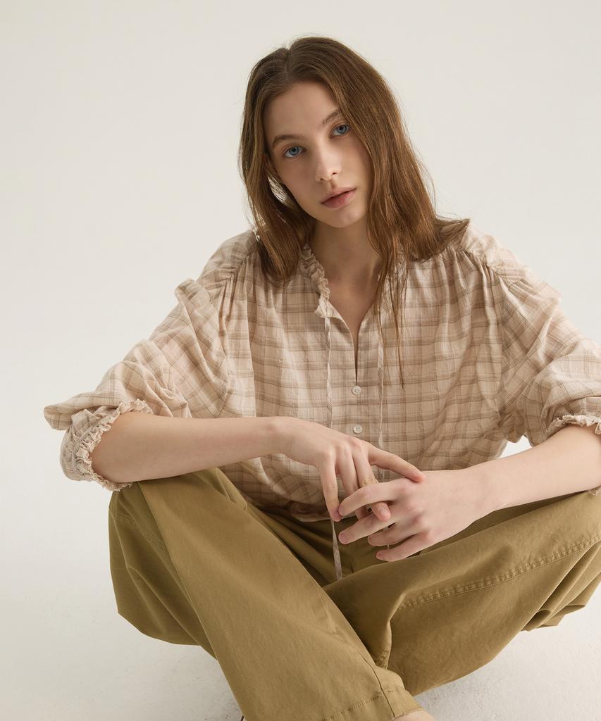 Oteumilkape Check Frill Tie Blouse - Beige