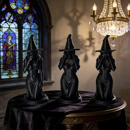 Three Witches Statue 3 Pcs Witch Figurine, 3D Printed Hear See Speak No Evil Desktop Ornament Statue, Gothic Tabletop for Halloween Bookshelf