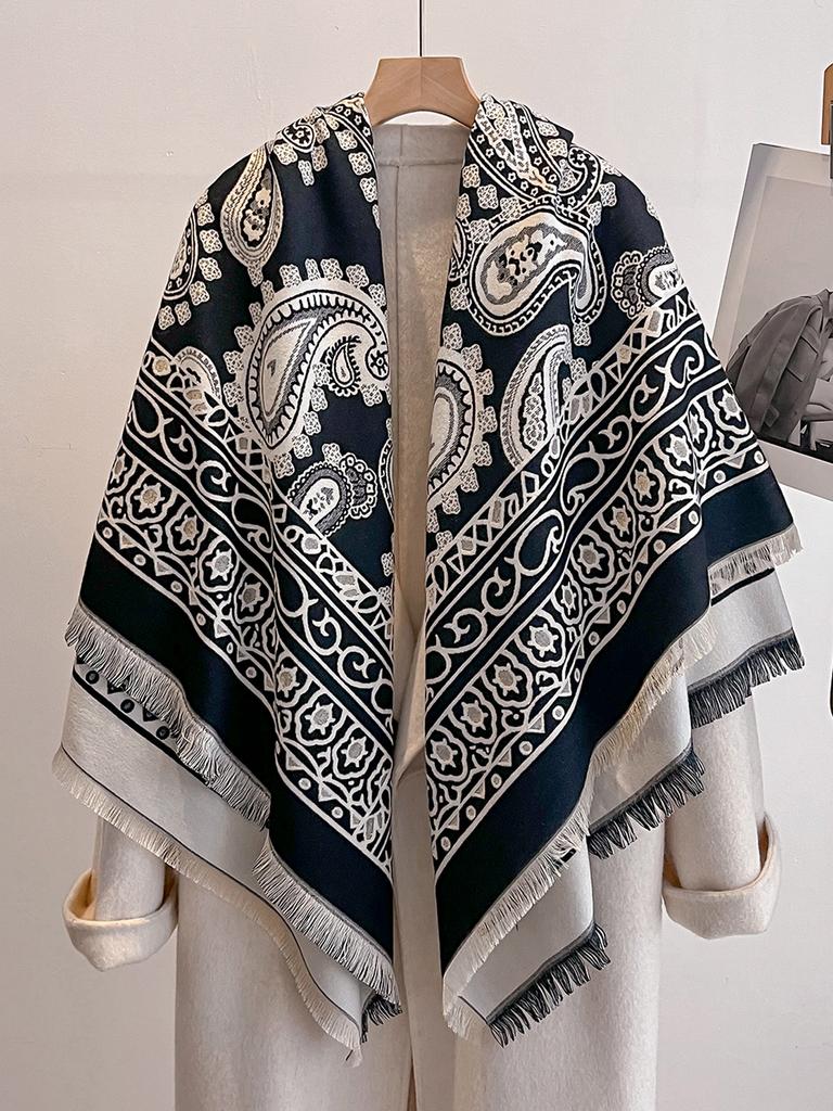 Luxury Women'S Winter Faux Cashmere Scarf Paisley-Inspired Print Tasseled Multi-Way Pashmina Shawl Stylish Accessory