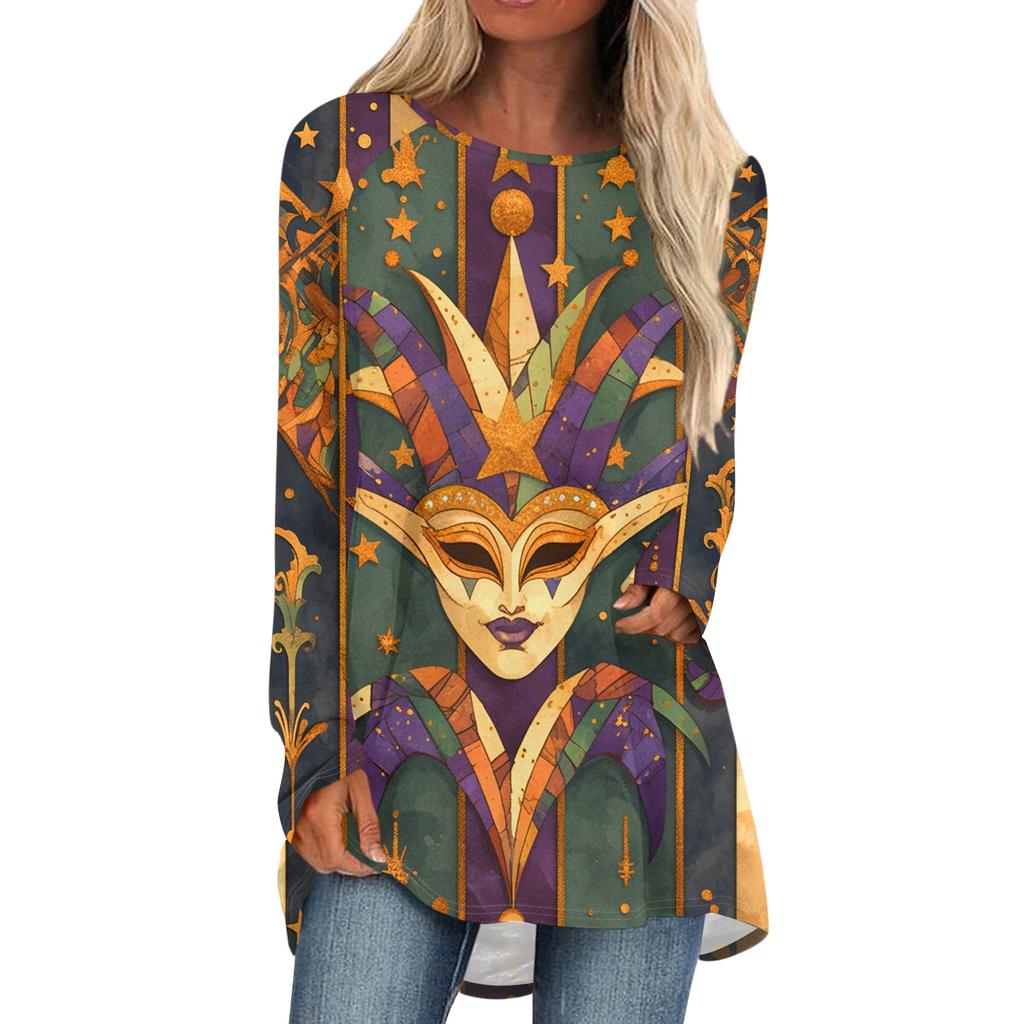 Women's Fashionable Round Neck Raglan Long Sleeved Carnival Printed Casual Pullover Top