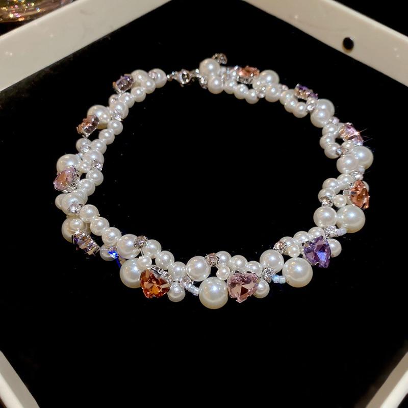Diamond-set crystal love irregular pearl beaded necklace fashion temperament collarbone chain light luxury high-end neck chain women