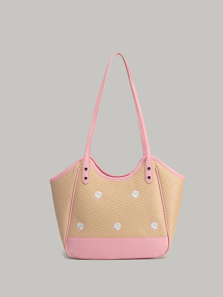

Small fresh resort style underarm tote bag niche personality embroidery woven bag commuter versatile shoulder tote bag розовый