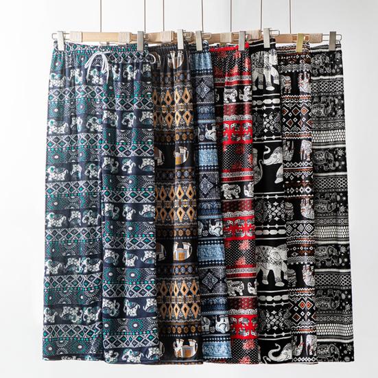 Women Casual Pants Wide Leg Elephant Print Elastic Waist Adjustable Drawstring Loose Fit Trousers Travel Work Daily Wear
