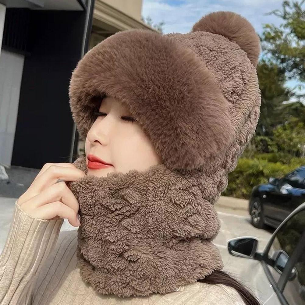 Winter Scarf Set Hooded Hat Set Women Plush Neck Warm Russia Outdoor Skiing Caps Windproof Plush Hat Thick Plush Fluffy Beanies
